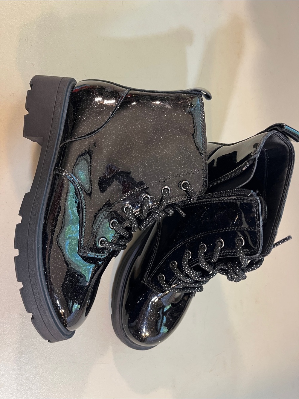 Old Navy Black Patent Glitter Lace-Up Kids Boots